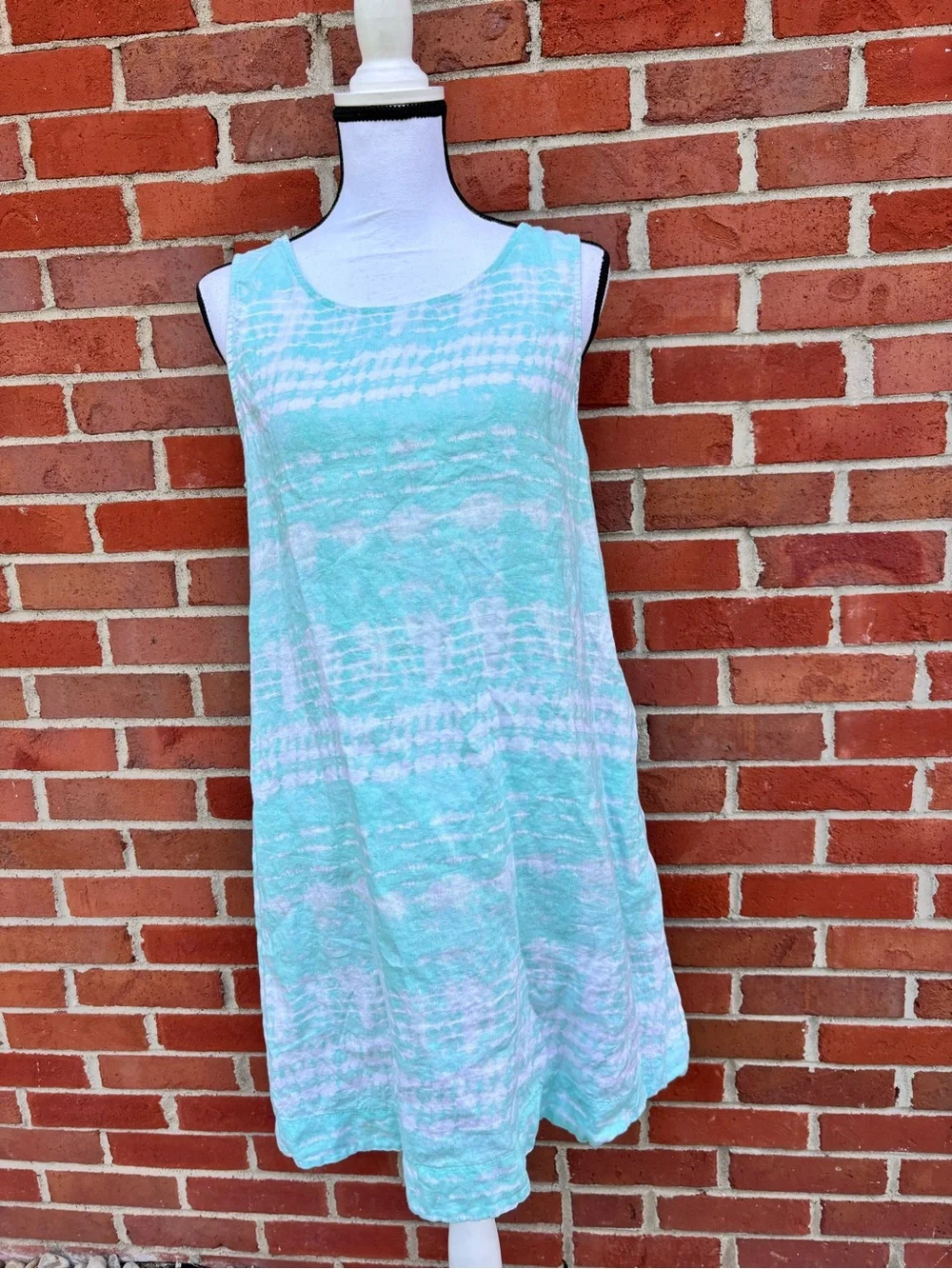 Nicole Miller NY Teal White Cream Tie Dye Linen Mini Shift Dress Womens Medium